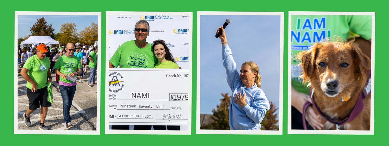A collage shows walkers, event speakers, a donation check, and a dog at a community event.